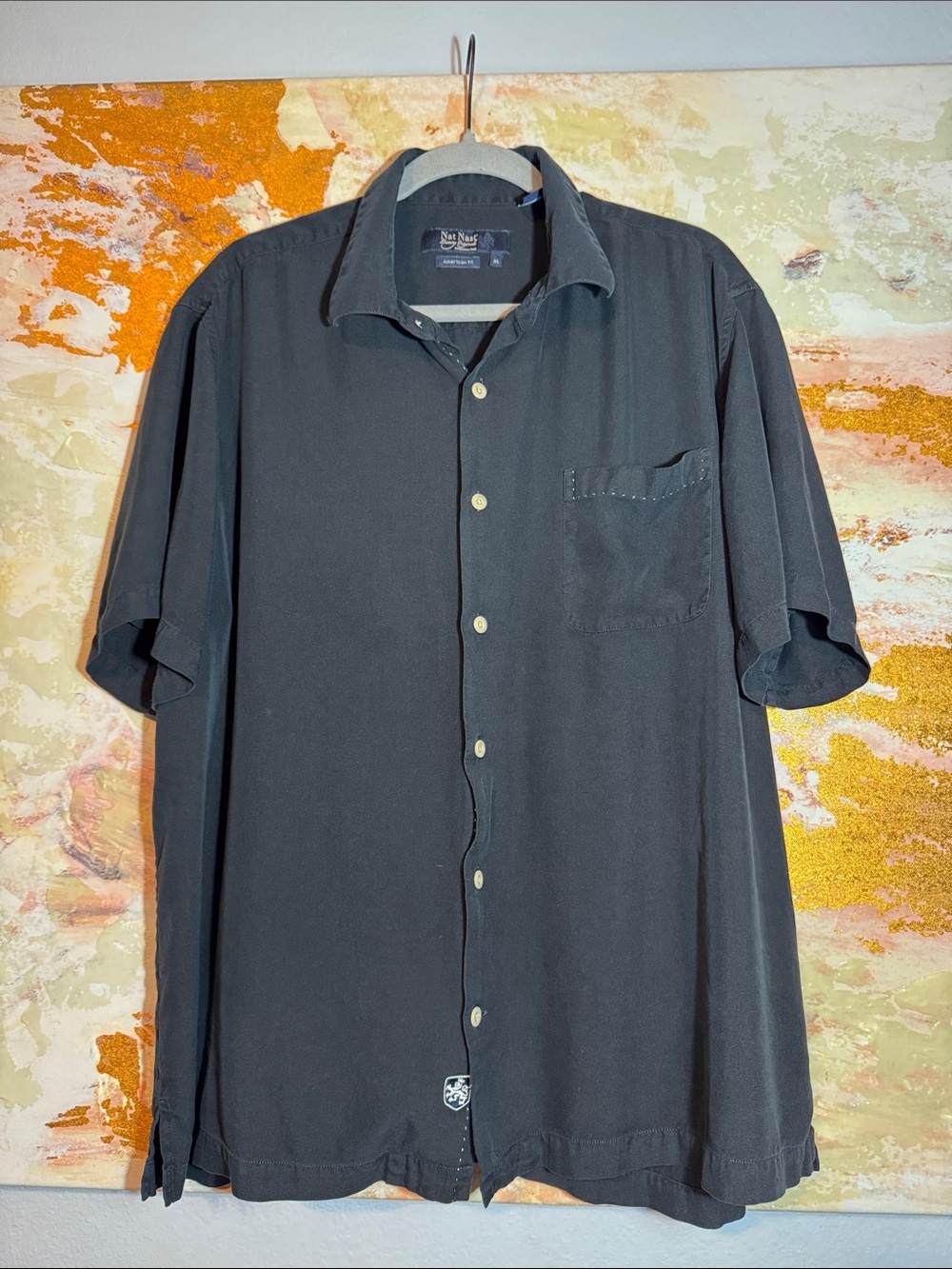 Nat Nast Legends of Jazz Embroidery 100% Silk Men’s XL Short Sleeve Button-Up